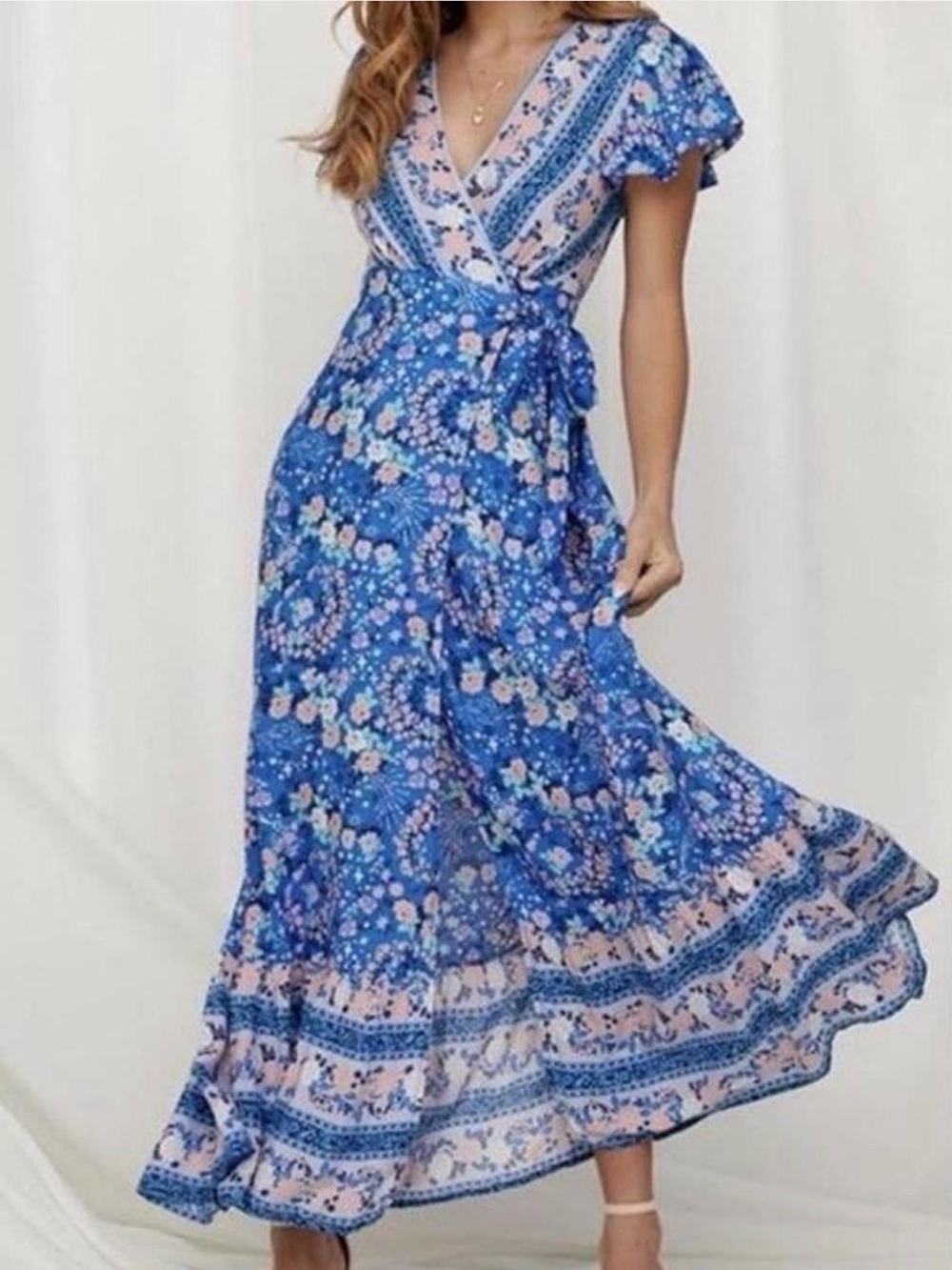 Women's Blue Floral Maxi Wrap Dress with Tie Waist